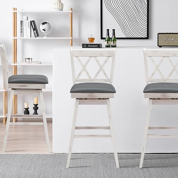COSTWAY Bar Stool Set of 4, 360 ° Swivel Bar Height 29.5 inch Bar Stool with Foot Rest Upholstered Cushion & Ergonomic Backrest, Sturdy Frame, for Pub, Restaurant, Home (4, Antique White + Grey)