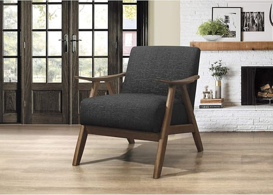 Lexicon Mid Century Modern Accent Chair with Solid Wood Frame in Walnut Finish, Upholstered Living Room Lounge Arm Chair, Thick and Comfy Innerspring Seat Cushion, Linen-Look Fabric, Dark Grey