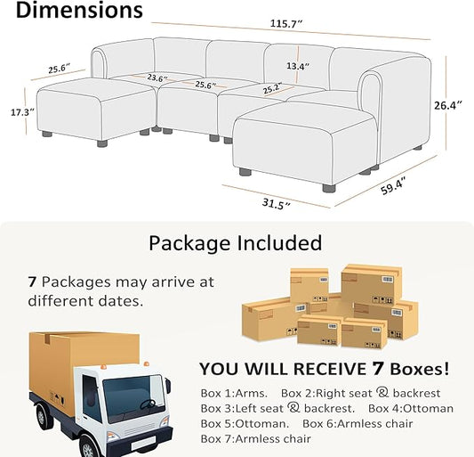VANOMi Oversized Modular Sectional Sofa, U-Shaped Sectional Couches for Living Room, 6 Seats Modular Sofa with Reversible Chaises, Camel