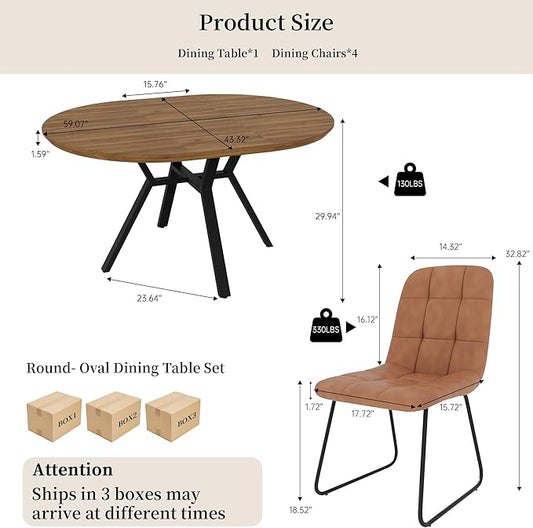 Extendable Round Dining Table Set for 4 People, 43.3"-59.1" Extendable Kitchen Table with 4 Upholstered Chairs, Space Saving for Kitchen Dining Room (Grey Table+4 U-Shaped Brown Chairs)