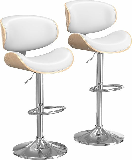 Bar Stools Set of 2, Bar Stools for Kitchen Island with Bentwood Back and Leather Seat, Swivel Barstools for Kitchen Counter, Bar, Snow White