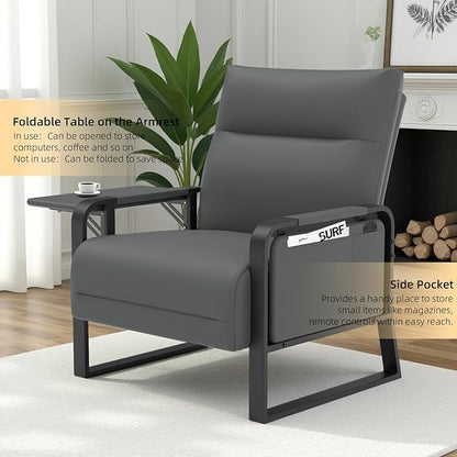 Faux Leather Accent Chair with Flip Up Tray Table Soft Backrest Side Pocket for Living Room Office Bedroom Leather Accent Chair, Gray