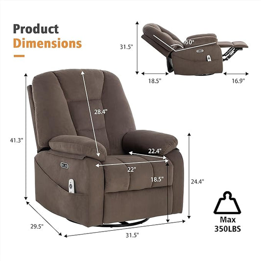 Power Swivel Rocker Recliner with Massage and Heat, USB and Type-C Port, Infinite Position, Electric Glider Rocking Chairs Living Room, Soft Fabric Reclining Sofa Chair (Velvet Brown)