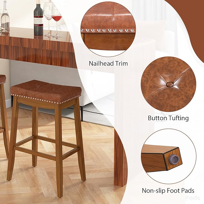 COSTWAY Saddle Bar Stools Set of 4, 29-Inch Bar Height Barstools w/PU Leather Seat, Solid Rubber Wood Frame, Footrest, Mid-Century Backless Bar Stools for Kitchen Island Home Bar