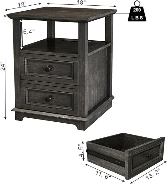 End Table with Fast USB C Charging Station,18" Wide Sofa Side Table with 2 Drawers, Large Storage Rustic Wood Square Storage Cabinet for Living Room, Bedroom, Office, Black