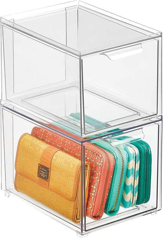 mDesign Plastic Closet Organizer Bin w/Pull Out Drawer - Slim Stackable Storage for Closet - Organization for Accessories, Bags, Totes, Small Linens, and More - Lumiere Collection - 2 Pack - Clear