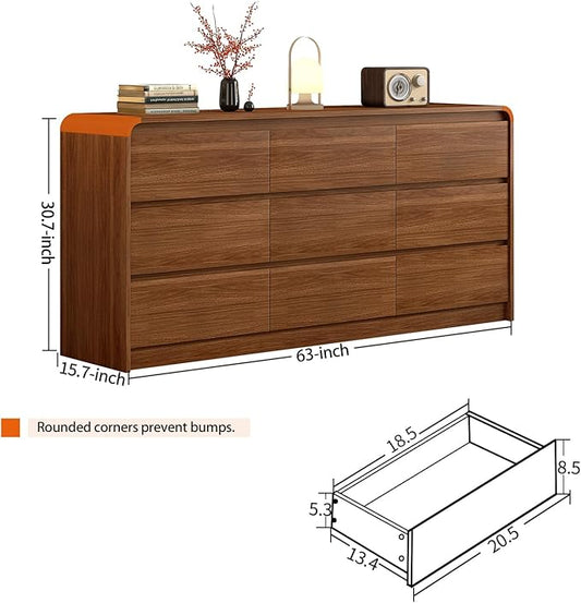 9 Drawer Dresser For Bedroom 63 Inch Wood Chest of Drawers - Curved Anti Collision, Mid Century Dresser For Closet with Natural Texture & Pre-Embedded Slots for TV Stand, Living Room, Nursery