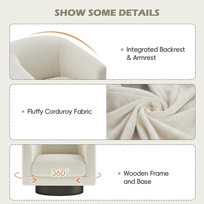 360° Swivel Accent Chairs, Modern Bucket Chair, Corduroy Barrel Armchair, Comfy Boucle Chair, Single Sofa for Living Room Bedroom. Cream White
