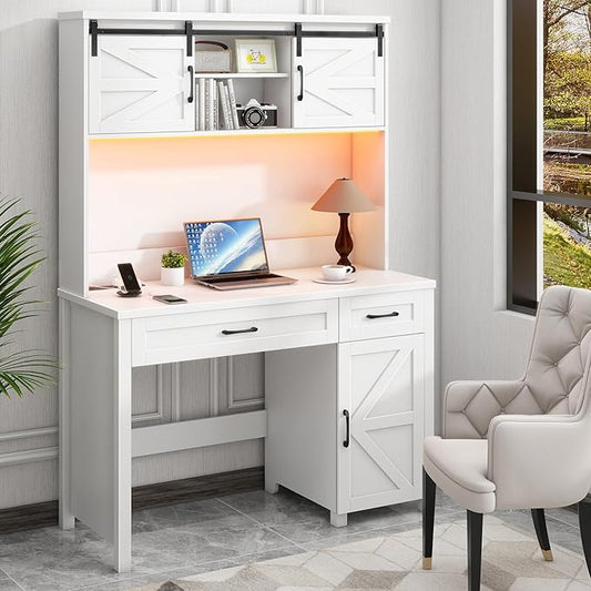 Vabches Farmhouse 47" Executive Desk, Computer Desk with 2 Drawers and Storage Cabinet, Home Office Desk with Hutch, Charging Hub, Workspace for Work and Study,(Cream White)