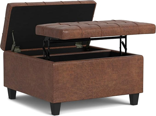 SIMPLIHOME Harrison 30 inch Wide Transitional Square Small Coffee Table Storage Ottoman in Distressed Saddle Brown Vegan Faux Leather, Assembled, for The Living Room and Bedroom