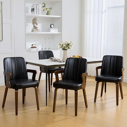 Kitchen Dining Chairs Set of 4, Faux Leather Upholstered Dining Room Chairs with Wood Arms and Legs, Mid Century Modern Kitchen Side Chair for Living, Bedroom, Restaurant, Walnut/Black