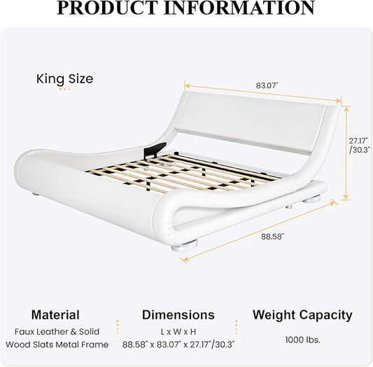 SHA CERLIN King Size Upholstered Bed Frame, Deluxe Low Profile Sleigh Bed with Faux Leather Ergonomics Headboard, No Box Spring Needed & Easy Assembly, White