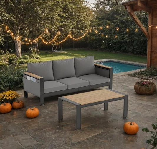 Corinth 2-Piece Aluminum Patio Conversation Set - Outdoor, Porch, Balcony, Yard, Gardern, All Weather, 1 Ergonomic Design 3 Seater Sofa and 1 Coffee Table, Grey