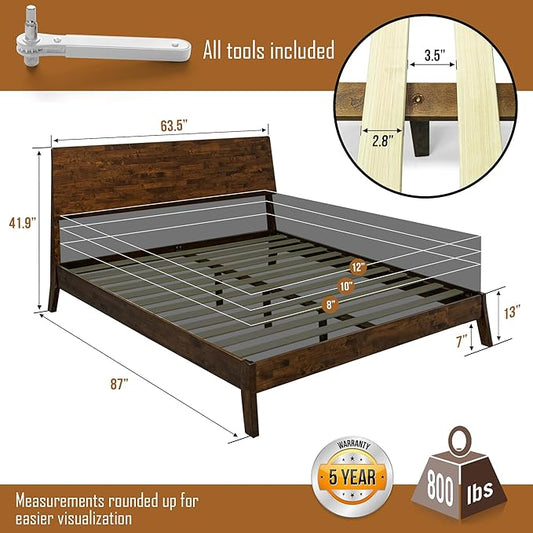 Acacia Serenity Queen Bed Frame with Headboard Natural Wood Bed, Scandinavian Signature High Headboard Compatible with All Mattress Types, 30 Mins Assembly Wood Slats Support Bedroom Furniture, Walnut