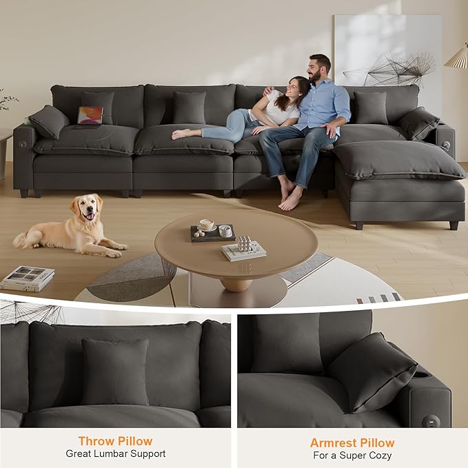Cloud Couch, Modular Sectional Sofa with Ottoman, Charging Station, Throw Pillows, Cup Holders, Modern Convertible L Shaped Couches for Living Room, Bedroom (Classic Black, 152"- L Shape)