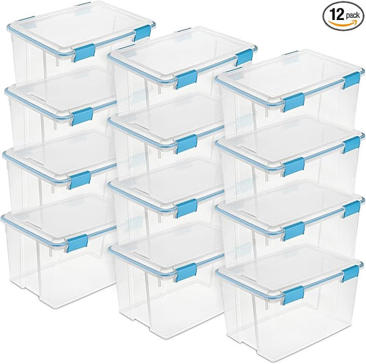 Sterilite 12-Pack Gasket Box, Weather-Resistant Storage Bins with Latching Lids, 54 Quart - Heavy-Duty Organizing Containers for Closet, Bathroom, and Office