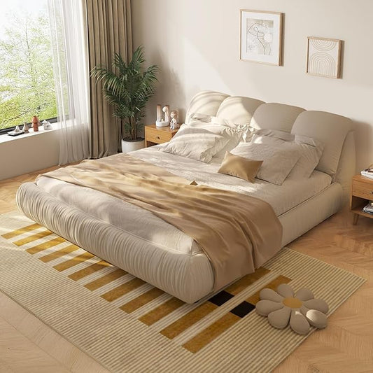 King Size Upholstered Platform Bed with Oversized Padded Backrest and Solid Wood Frame for Bedroom, Apartment Room, Beige