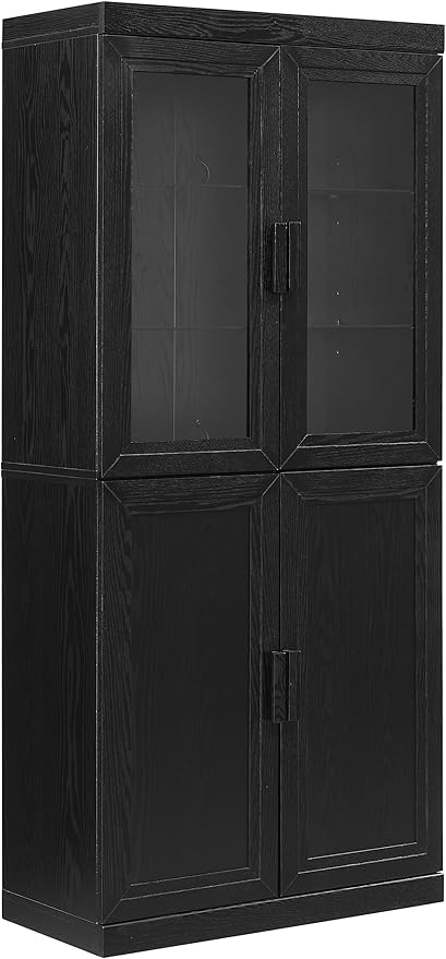 Crosley Furniture Essen Glass Door China Hutch Kitchen Pantry Storage Cabinet with Doors and Shelves, Black