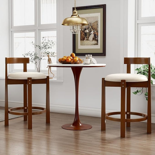 COSTWAY 24” Counter Height Bar Stools Set of 2, Linen Upholstered Bar Chairs with Backrests and Footrests, Wood High Barstools for Kitchen Island and Dining Room (Walnut)