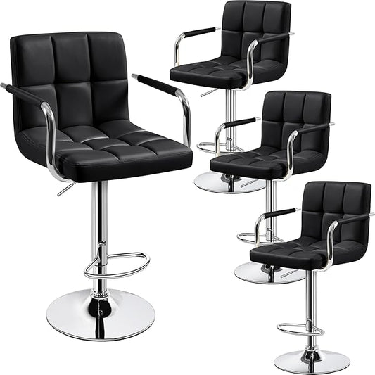 Yaheetech Bart Stools Set of 4, PU Leather Adjustable Barstools with Armrest, Counter Height Stool Chairs with Thickened Seat Cushion for Kitchen Island, Black