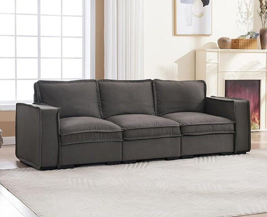 EALSON 93 Inch Modular Sectional Sofa Modern Comfy 3-Seater Couch Sofa Linen Fabric Upholstered Cloud Couches with 24" Deep Seat and Wooden Legs for Bedroom/Living Room/Office, Grey