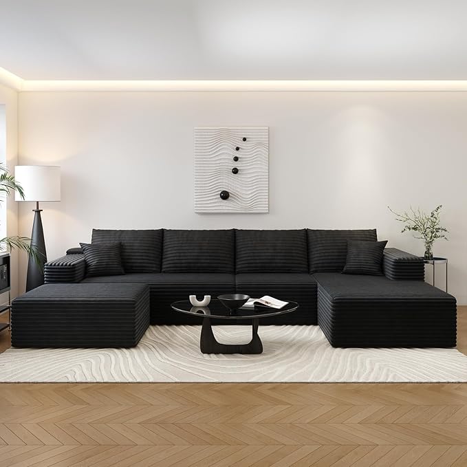 135.4" Cloud Sectional Couch with 1 Ottoman,Modern Modular Sofa with Deep Seat, Comfort U Shaped Sofa Couches for Living Room Bedroom Apartments,No Assembly Required, (Black,Right Facing Chaise)