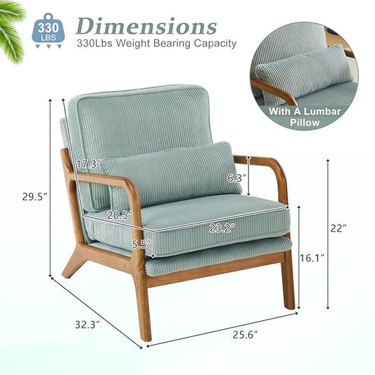 VINGLI Upgraded Premium Corduroy Accent Chairs Set of 2,Upholstered Arm Chair,Solid Wood Comfy Reading Chair with Pillow, Mid Century Modern Chairs for Living Room,Bedroom,Light Teal