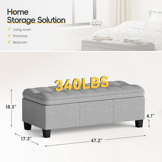 JUMMICO 47 Inches Storage Ottoman with Legs, End of Bed Storage Bench, Foot Rest for Couch, for Living Room, Bedroom, Entryway, 17.3" D x 47.2" W x 18.5" H, Easy Assembly (Light Gray)