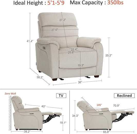 MCombo Power Zero Wall Hugger Recliner Chair for Small Space RV Living Room, Power Recliner with Adjustable Headrest, USB & USB-C Charging Ports, Fabric ST257 (Beige)