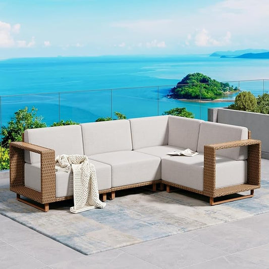 L Shaped Patio Furniture,Outdoor Rattan Wicker Sectional Sofa with 10''Ultra-Thick Cushions,All Weather Patio Conversation Set for Lawn Garden Backyard,Beige