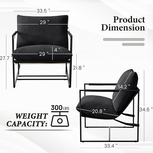 Furnilivng Large Sling Accent Chair Set of 2, Comfortable Boucle Fabric Arm Chair, Upholstered Cozy Reading Chair for Living Room, Bedroom, Dressing Room, Home Office, Black