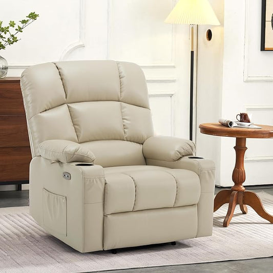 MCombo Oversized Dual Motor Power Lift Recliner Chair Sofa with Massage and Heat for Big Elderly People, Infinite Position, USB Ports, Faux Leather R7677 (Beige, Medium-Oversize)