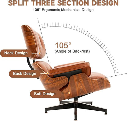 Top Grain Leather, Mid Century Chaise Lounge Chair and Ottoman, Modern Chair Classic Design, Heavy Duty Base Support for Living Room Study Lounge Office, Palisander-Brown