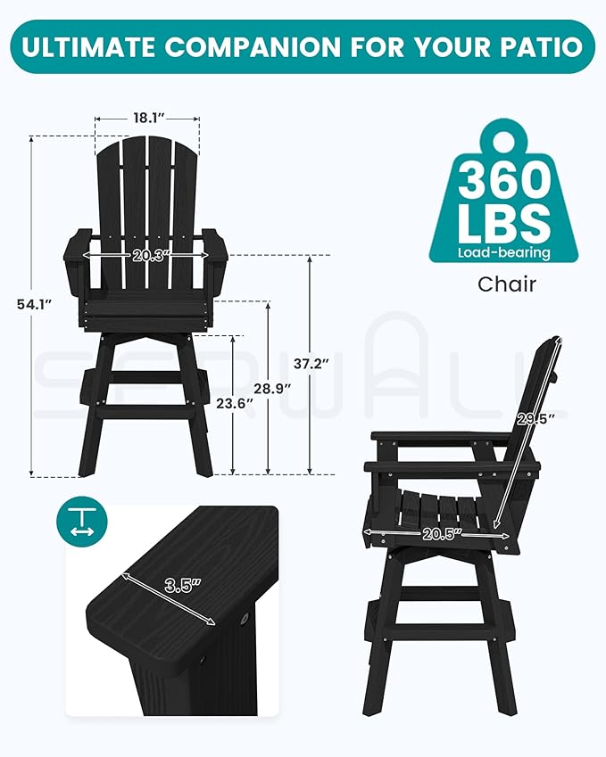SERWALL Swivel Adirondack Bar Chair, HDPE Swivel Balcony Adirondack Chair, Outdoor Bar Height Barstoolsfor Bistro, Poolside, Garden, Black