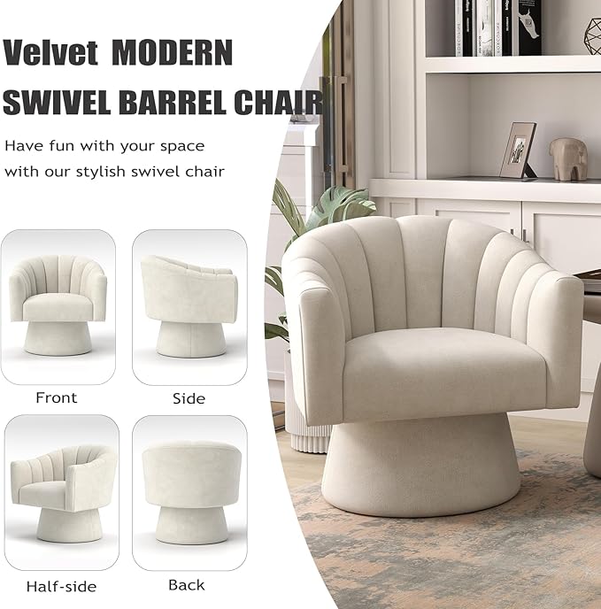 Swivel Accent Chair,Upholstered Velvet 360° Swivel Barrel Chair for Living Room Overstuffed Bouncle Reading Chair Round Armchair for Bedroom,Vanity,Office(Beige)