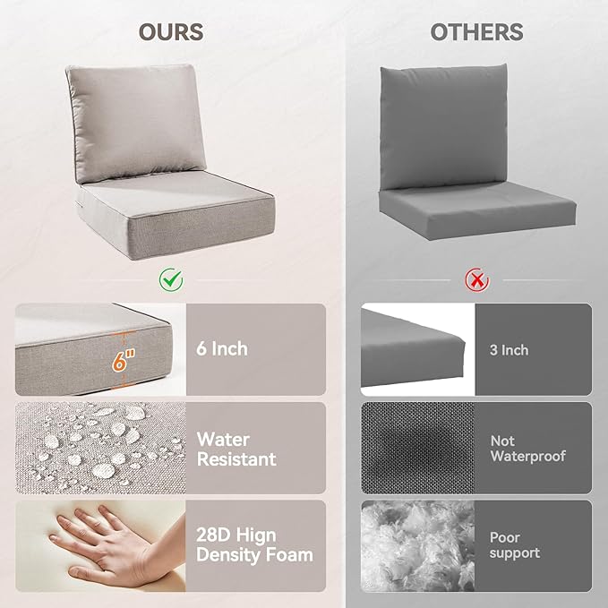 Luxury 6" Outdoor Cushions for Patio Furniture, 24x24x6" Thick Seat Cushion Set of 10, Fade Resistant Couch Chair Replacement Cushions High Density Deep Wicker Chair Cushion w/ Removable Cover, Beige