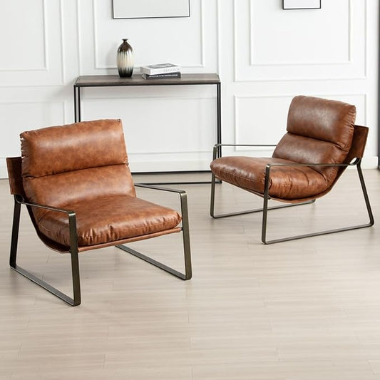 LukeAlon Modern PU Leather Accent Armchairs Set of 2, Upholstered Lounge Chair with Brass Metal Frame Thickened Cushion Single Sofa Chair Leisure Chair with Lychee Grain for Bedroom Living Room, Brown
