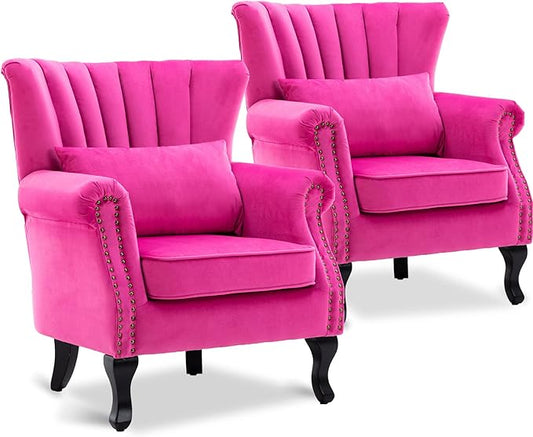 Accent Reading Arm Chairs Set of 2 Midcentury Modern Comfy Corner Sofa Chair, Wingback Waiting Room Club Chair with Tufted Back for Living Room/Bedroom/Reception Room, Velvet Rose