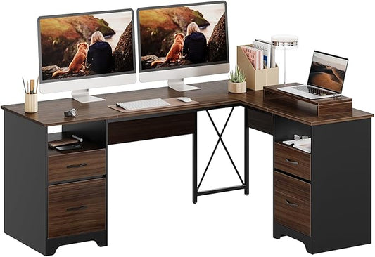 Bestier L Shaped Desk with 4 Drawers, 63" x 47" Executive Desk with Open Storage & Monitor Stand, Corner Desk with 2 File Drawers & Modesty Panel for Home Office, Cherry
