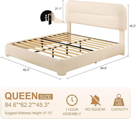 Queen Bed Frame, Cloud Upholstered Boucle Platform Bed with Adjustable Headboard, Anti-Collision Soft Rounded Corners, Noise Free, Easy Assembly, Cream