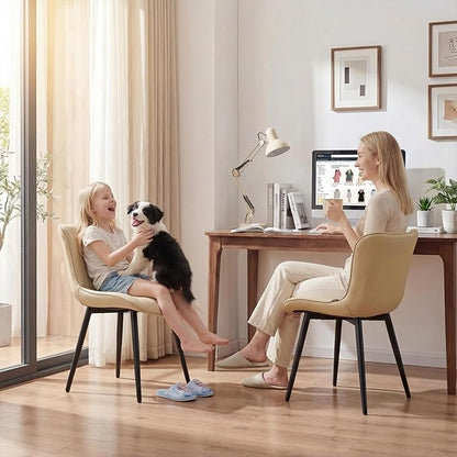 YOUNUOKE Mid-Century Modern Dining Chairs Set of 2, Beige PU Leather Upholstered Kitchen Chairs with Black Metal Legs, Armless Accent Chair for Dining Room, Guest Reception Room