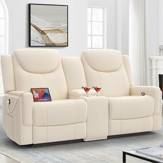 Loveseat Recliner Sofa, Beige PU Leather Double Recliner Loveseat with Console, Cup Holders, Storage & USB Ports, Ergonomics，Manual Reclining Sofa Couch for Living Room, RV