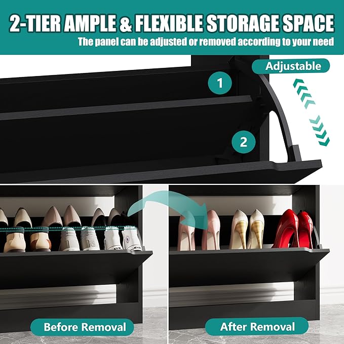 Shoe Storage Cabinet for Entryway with 3 Flip Drawers, Sturdy Wood Hidden Shoe Storage, Freestanding Narrow Slim Shoe Organizer for Front Door Entrance, Living Room, Hallway, Bedroom, Black