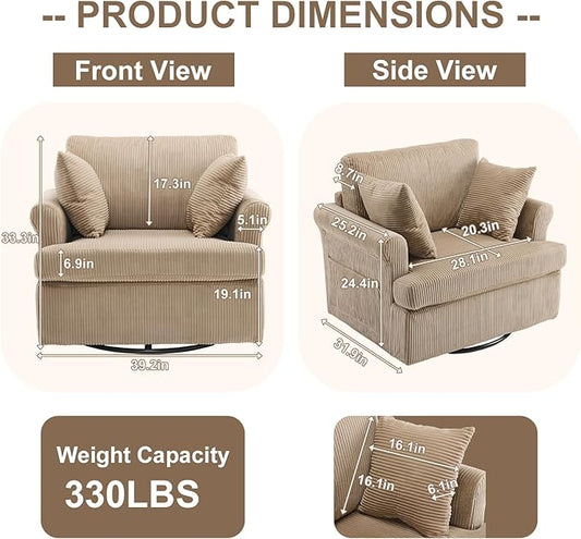 Karl home 39" Swivel Accent Chair,Oversized Seat Armchair W/2 Pillows and 4 Pockets,Modern Upholstered Corduroy Barrel Chairs,Comfy Single Sofa for Living Room,Reading,Bedroom and Office-Khaki