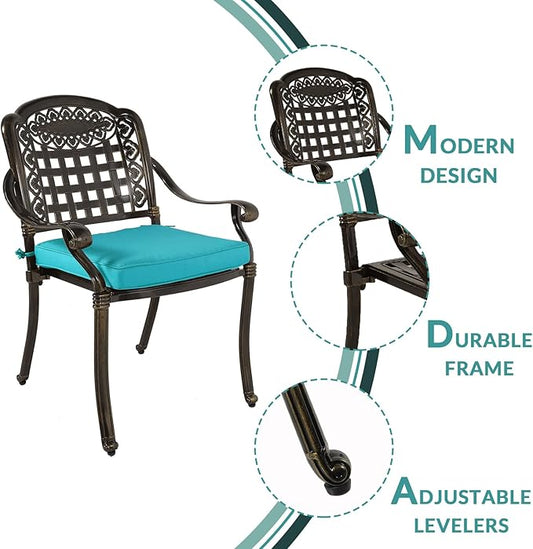 MEETWARM 9-Piece Outdoor Furniture Dining Set, All Weather Cast Aluminum Patio Garden Set with 8 Chairs, 8 Cushions, 1 Oval Table, 2" Umbrella Hole, Dark Bronze, Ocean Blue