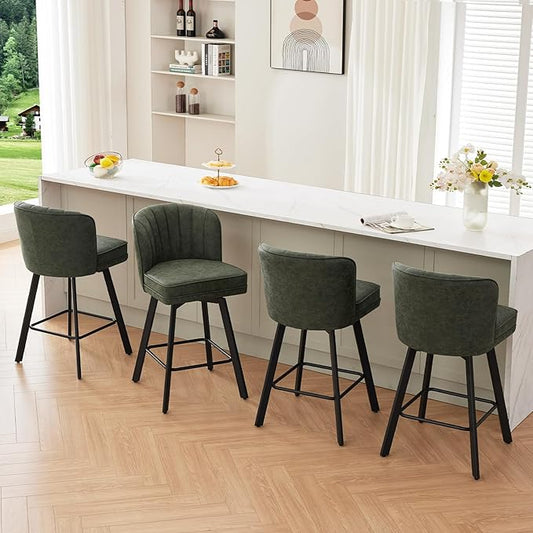 Swivel Counter Height Bar Stools Set of 4, 26'' Modern Barstools with Backs and Metal Legs, Upholstered Bar Chairs, Faux Leather Green Stools for Kitchen Island Chairs