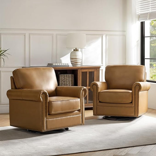 HULALA HOME Swivel Accent Chair Genuine Leather Barrel Rocker Chair with Metal Base Transitional Armchair Padded Round Armrest Set of 2, Camel
