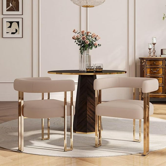 Velvet Dining Chairs Set of 2, Khaki Upholstered Barrel Armchairs with Gold Metal Legs for Kitchen Island, Mid Century Modern Accent Side Chairs for Dining Room and Living Room, Open-Back