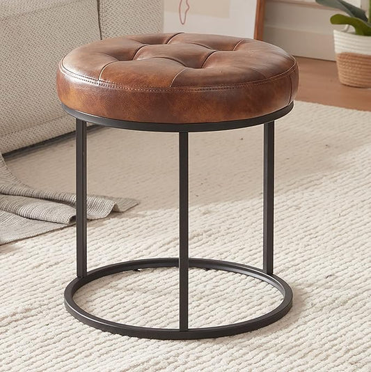 DUHOME Faux Leather Ottoman Stool, Vanity Chair Button Tufted Footrest Stool Makeup Stool with Metal Base for Living Room Bedroom, Yellowish Brown