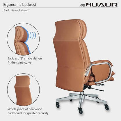 Genuine Leather Modern Executive Chair High-Back Support 90 to 150 Degrees Tilt and Upholstered Home Desk Chair with Base 400LB Capacity Swivel Computer Office Chair (Orange)